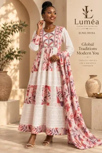 Floral Boho Embroidered Kaftan Robe Dress with Scarf, Modest African Wedding Guest Outfit