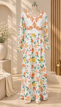 Floral Embroidered Kaftan Robe Dress with Scarf, Modest African Wedding Guest Outfit