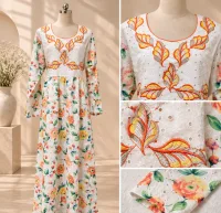 Floral Embroidered Kaftan Robe Dress with Scarf, Modest African Wedding Guest Outfit