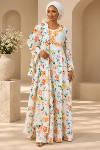 Floral Embroidered Kaftan Robe Dress with Scarf, Modest African Wedding Guest Outfit