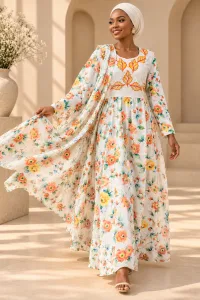 Floral Embroidered Kaftan Robe Dress with Scarf, Modest African Wedding Guest Outfit