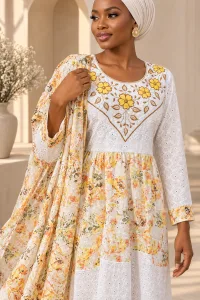 Floral Embroidered Kaftan Robe Dress with Scarf, Modest African Wedding Guest Outfit