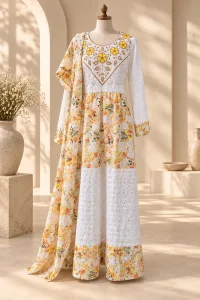 Floral Embroidered Kaftan Robe Dress with Scarf, Modest African Wedding Guest Outfit