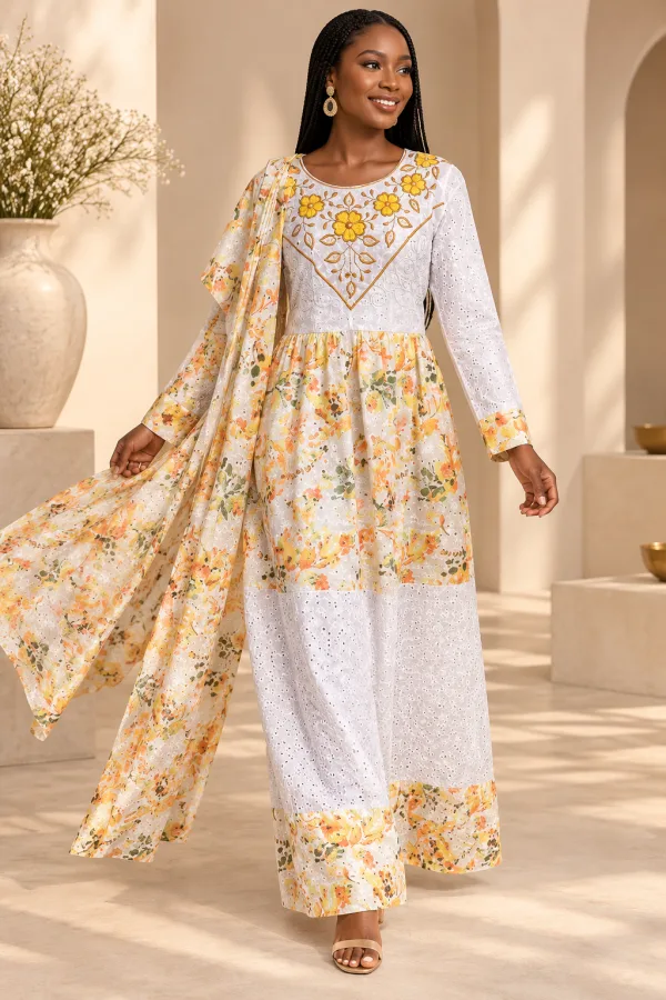 Floral Embroidered Kaftan Robe Dress with Scarf, Modest African Wedding Guest Outfit