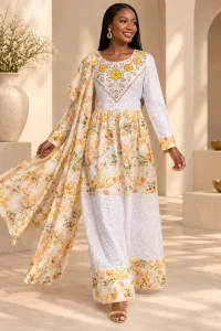 Floral Embroidered Kaftan Robe Dress with Scarf, Modest African Wedding Guest Outfit