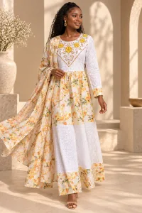 Floral Embroidered Kaftan Robe Dress with Scarf, Modest African Wedding Guest Outfit