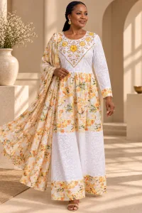 Floral Embroidered Kaftan Robe Dress with Scarf, Modest African Wedding Guest Outfit