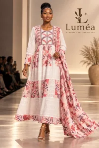Floral Boho Embroidered Kaftan Robe Dress with Scarf, Modest African Wedding Guest Outfit
