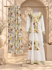 Floral Boho Embroidered Kaftan Robe Dress with Scarf, Modest African Wedding Guest Outfit