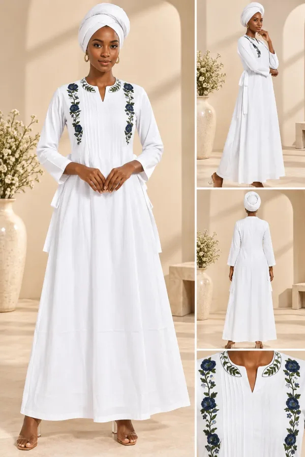 Elegant Embroidered Modest Maxi Dress with Headwrap | African Kaftan & Senegalese Boubou Style-1027