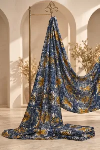 Unstitched Asoebi Fabric Bundle | Satin Silk 4 Yards + 2 Yards Chiffon | Navy Mustard African Print Material for Bubu Dress & Scarf