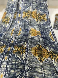 Unstitched Asoebi Fabric Bundle | Satin Silk 4 Yards + 2 Yards Chiffon | Navy Mustard African Print Material for Bubu Dress & Scarf