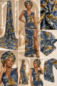 Unstitched Asoebi Fabric Bundle | Satin Silk 4 Yards + 2 Yards Chiffon | Navy Mustard African Print Material for Bubu Dress & Scarf