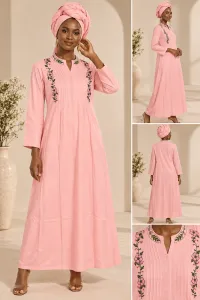 Elegant Embroidered Modest Maxi Dress with Headwrap | African Kaftan & Senegalese Boubou Style-1027