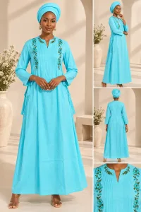 Elegant Embroidered Modest Maxi Dress with Headwrap | African Kaftan & Senegalese Boubou Style-1027