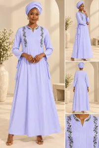 Elegant Embroidered Modest Maxi Dress with Headwrap | African Kaftan & Senegalese Boubou Style-1027