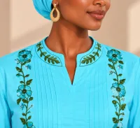 Elegant Embroidered Modest Maxi Dress with Headwrap | African Kaftan & Senegalese Boubou Style-1027
