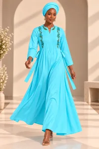 Elegant Embroidered Modest Maxi Dress with Headwrap | African Kaftan & Senegalese Boubou Style-1027