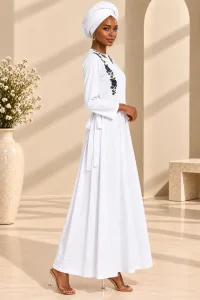 Elegant Embroidered Modest Maxi Dress with Headwrap | African Kaftan & Senegalese Boubou Style-1027
